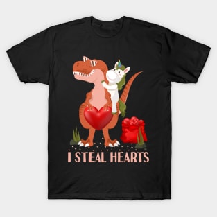 Valentines Day Dinosaur I Steal Hearts Unicorn Riding T rex T-Shirt